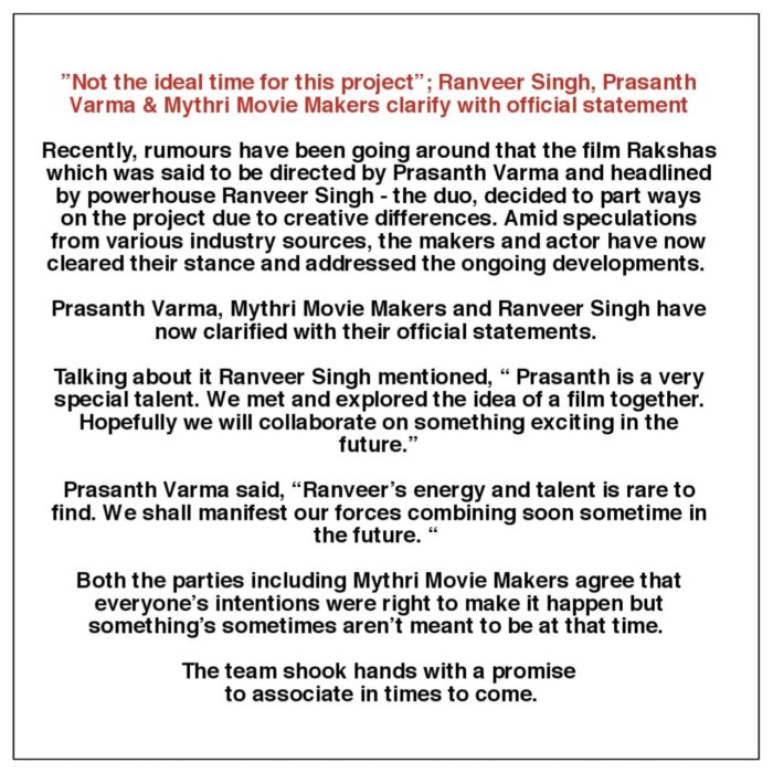 Ranveer Singh opts out of Prasanth Varma's project